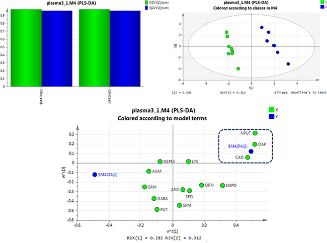 PLS-DA analysis of healthy rats and SCCL rats suffered suffered carcinogenesis for 70 days using polyamines as indicators.