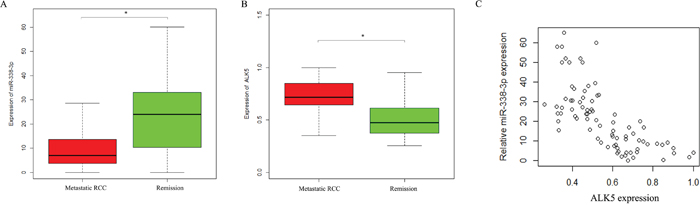 Expressions of ALK5 and miR-338-3p in metastatic and non-metastatic RCC patients detected by qRT-PCR.