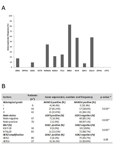 A) Histograms report gene frequency distributions calculated as the ratio between the number of patients expressing gene and the total number of the cohort (n=117); B) table reporting relationship between clinicopathological features and stemness genes.