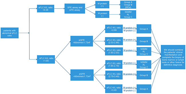 Flow chart of diagnosis of diseases with abnormal sFLC ratio.