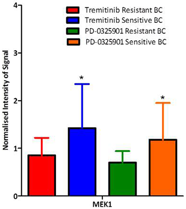 Differential expression of MEK1 as determined by RPPA in a panel of breast cancer cell lines (n=28) dependant on their sensitivity to the MEK inhibitors tremitinib and PD-0325901.