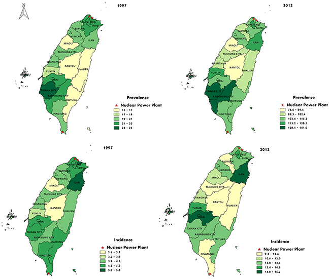 Geographic variations in the prevalence and incidence of thyroid cancer in Taiwan in 1997 and 2012, and their associations with the sites of nuclear power plants in Taiwan.