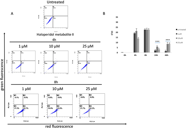 Cytofluorimetric analysis of cell autophagy following Haloperidol metabolite II treatment at different concentrations and time points.