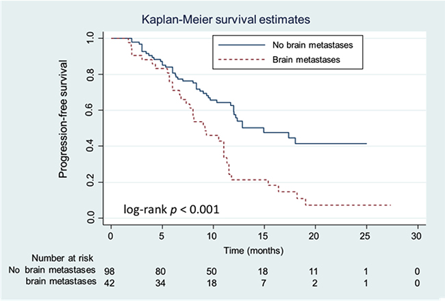 Kaplan-Meier progression-free survival (PFS) curves of patients with and without brain metastases.