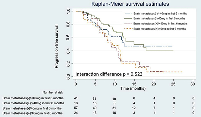 Kaplan-Meier progression-free survival (PFS) curves of patients with and without brain metastases according to the treatment dose of afatinib.