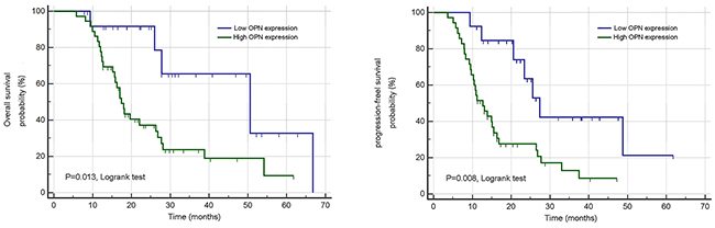Overall and progression-free survival curves produced using the Kaplan&#x2013;Meier method by log-rank test for OPN.