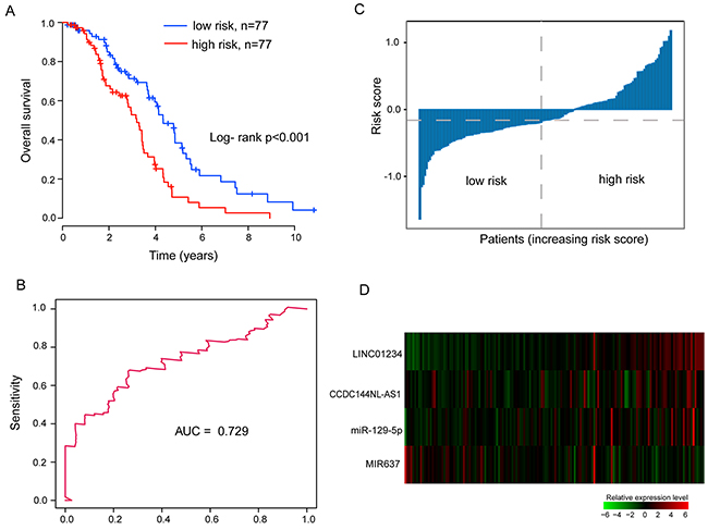 Association between the integrated miRNA-lncRNA signature and overall survival of ovarian cancer patients with wild-type BRCA1/2 in the discovery cohort.