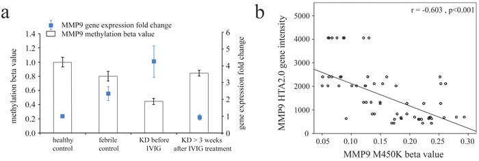 Integration of CpG marker (cg10505873) methylation pattern and gene expression profile of matrix metalloproteinase (MMP)-9.