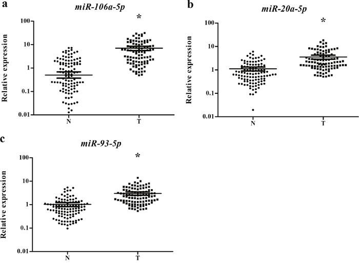 Expression levels of the three miRNAs in the serum of 102 lung SCC patients and 108 NCs.