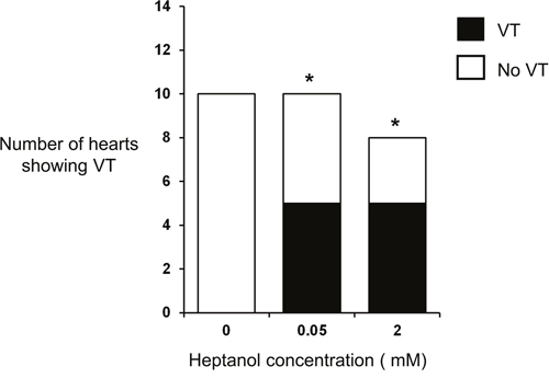 Incidence of inducible ventricular tachycardia (VT) under control conditions and in the presence of 0.05 mM or 2 mM heptanol.