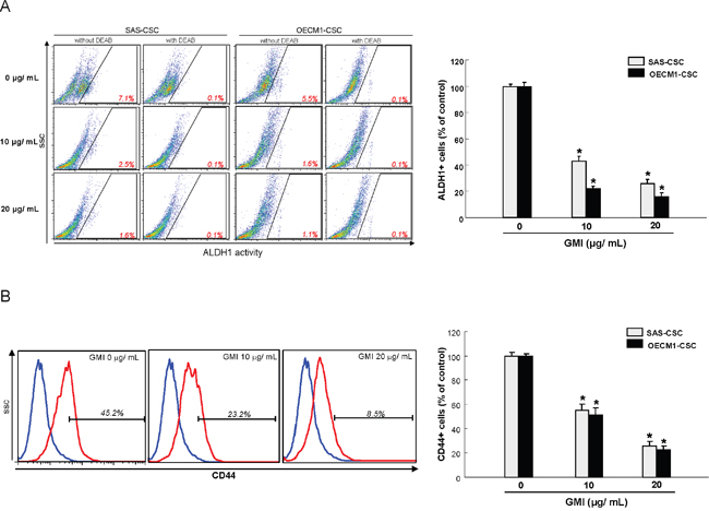 GMI effectively eliminates ALDH1 activity and CD44 positivity.