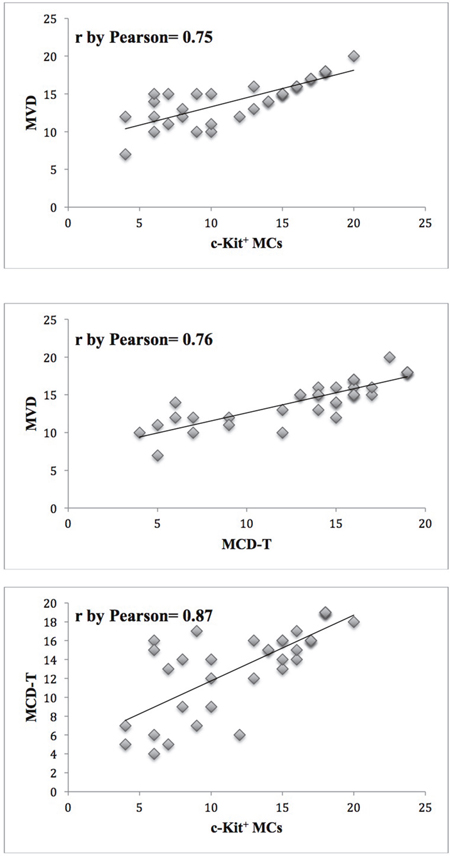 Correlation analysis between c-Kit+ MCs and MVD (r= 0.75, p= 0.04), MCD-T and MVD (r= 0.76, p= 0.03), between MCD-T and c-Kit+ MCs (r= 0.87 p= 0.01).