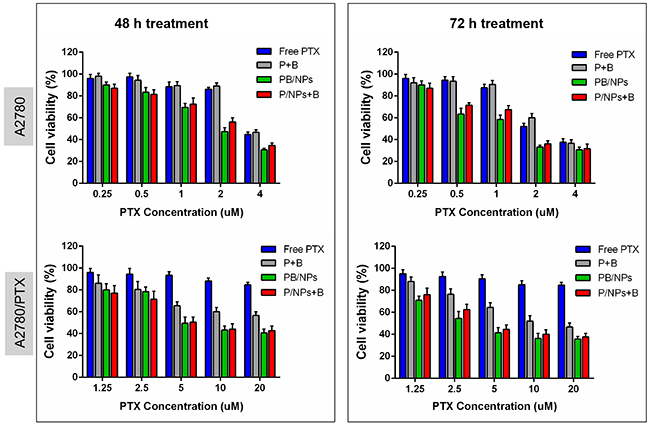 In vitro cytotoxicity of various PTX formulations of different equivalent PTX concentration in A2780/PTX cells for 48 h and 72 h.