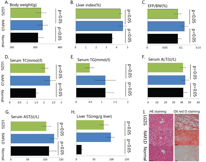 The phenotypic characteristics of the rats Male C57Bl/6 mice were either fed chow diet (Normal, n=7), HFD (n=7) or HFD with Lingguizhugan decoction administrated (n=7) for 4 weeks.