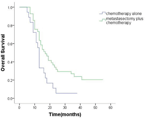 Kaplan&#x2013;Meier analysis of overall survival in patients with or without metastasectomy of metachronous Krukenberg tumors.