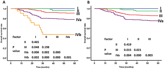 Overall survival (OS) curves of nasopharyngeal carcinoma patients for different clincal stage groups.