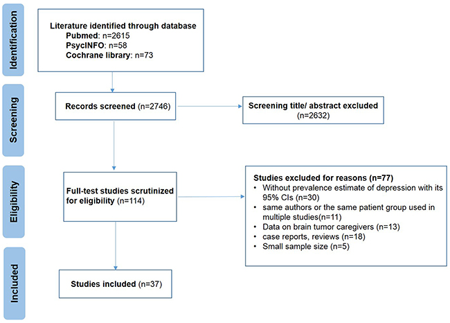 Meta-analysis flowchart for identifying studies on the prevalence of depression among brain tumor patients.