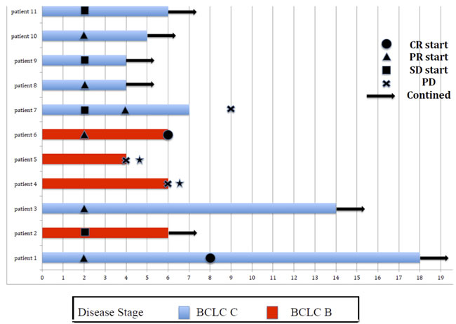 Swimmer plot of 11 patients who received at least 4 cycles of nivolumab.