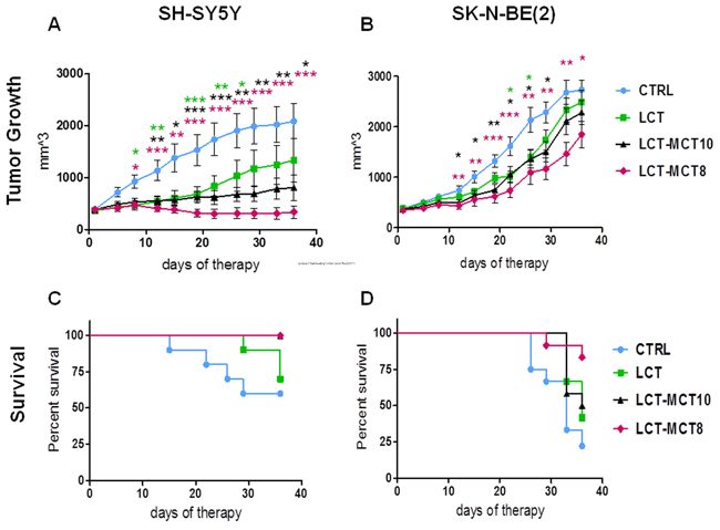 NB growth was most effectively inhibited by metronomic CP in combination with dietary intervention with LCT-MCT8.