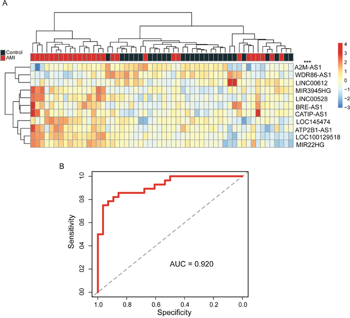 Validation of candidate lncRNA biomarkers in distinguishing between AMI patients and healthy samples in the internal validation cohort.