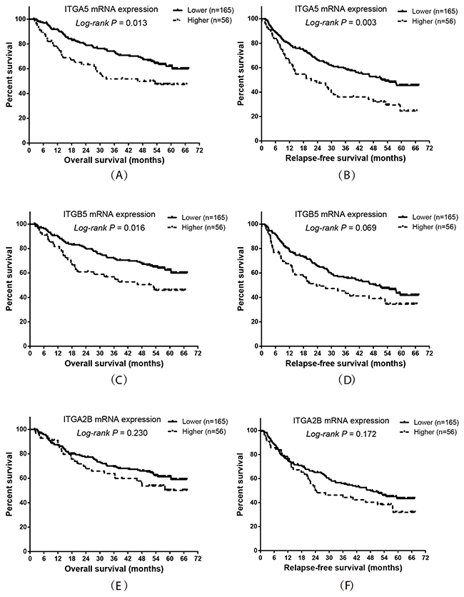 Prognostic value of ITGA5, ITGB5 and ITGA2B expression levels in HBV-related HCC patients.