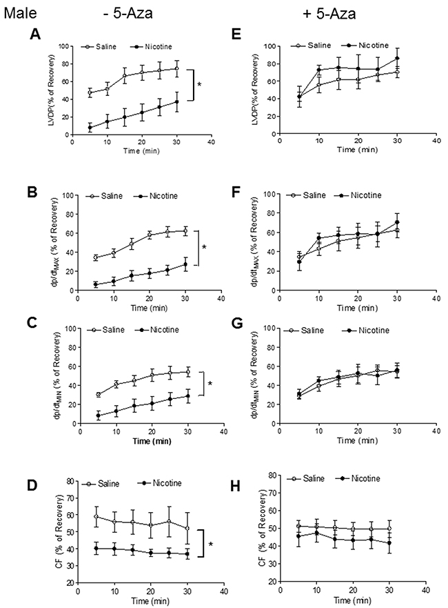 5-Aza reversed perinatal nicotine-induced decrease in post-ischemic recovery of LV function in male offspring.