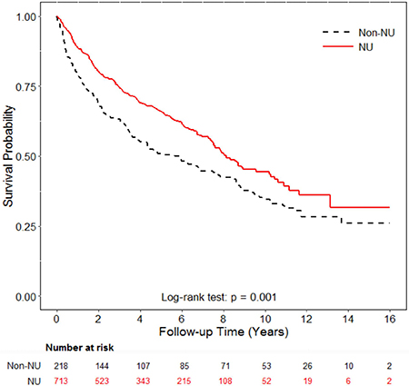 Overall survival analysis of patients with or without nephroureterectomy.