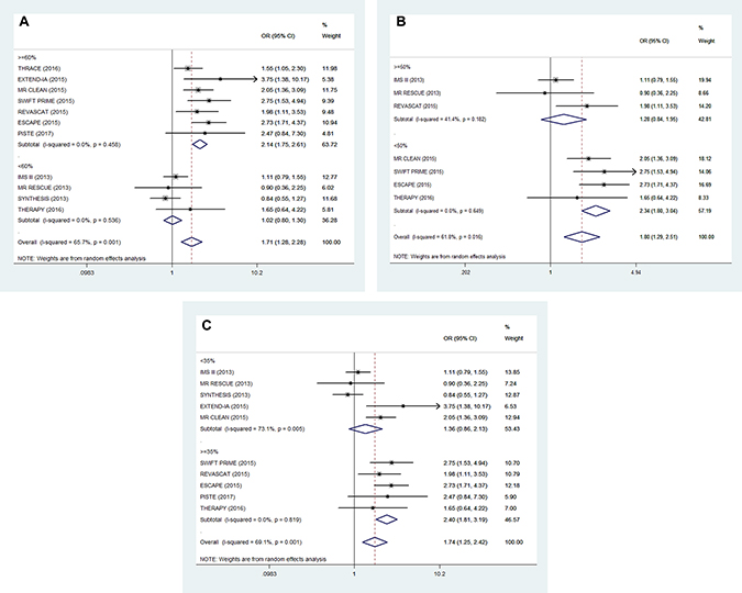 Subgroup analysis of primary outcomes (mRS 0&#x2013;2 at 90 days).