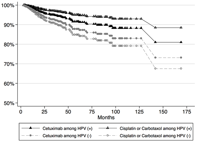 Survival plots for patients based on chemotherapy received and HPV status