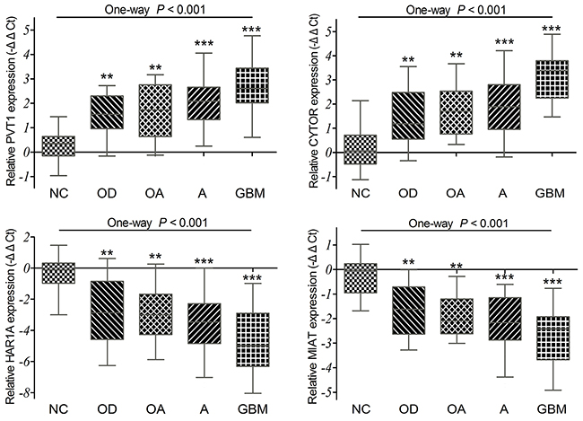 The qRT-PCR analysis of relative PVT1, CYTOR, HAR1A and MIAT expressions in 98 diffuse glioma specimens and 12 non-tumor brain tissues (NC).