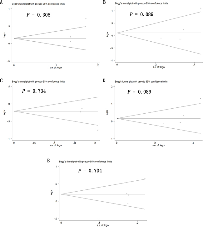 Begg&#x2019;s funnel plot to assess publication bias in the meta-analysis of a potential association between the -2578C/A polymorphism (rs699947) and risk of ovarian cancer across all study participants according to five genetic models.