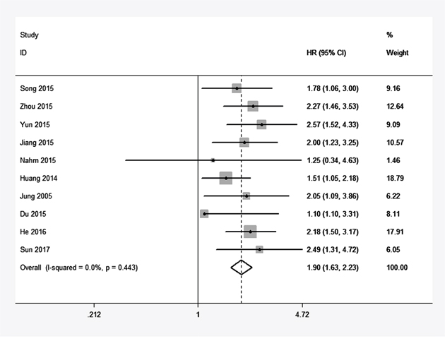 Forest plot of HR for the correlation between TACC3 expression and overall survival (OS) in solid tumor.