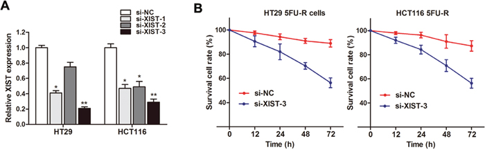 Knockdown of XIST reverses 5FU resistance in 5FU resistant CRC cells.