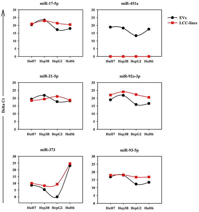 RT-qPCR analysis of the expression levels in LCC-EVs and LCC-lines of the following 6 miRNAs: miR-17-5p, miR-451a, miR-21-5p, miR-92a-3p, miR-373, miR-93-5p.