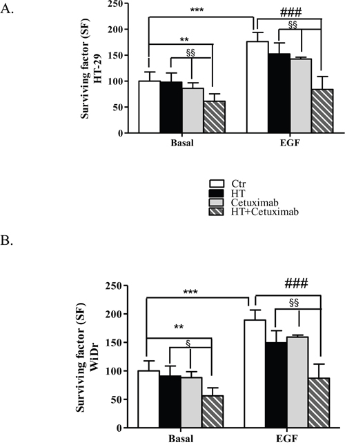 Combination of low concentrations of HT and cetuximab reduces colony formation of colorectal cancer cells.