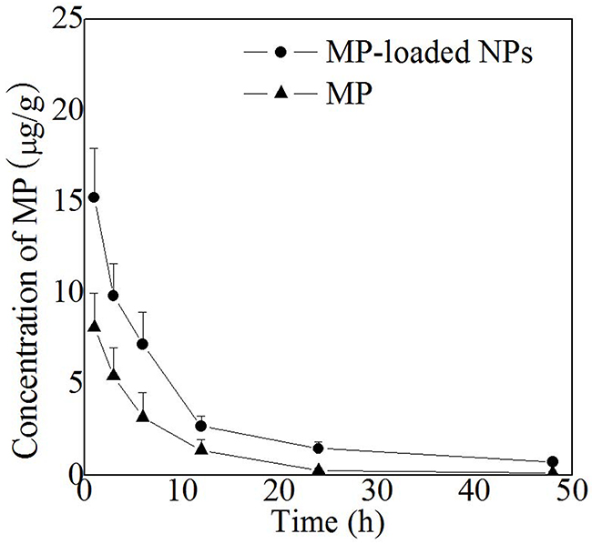 Plasma MP concentration of free MP and MP loaded nanoparticles in rats.