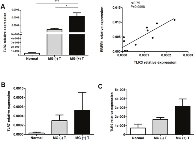 Expression of TLR3, 7 and 9 in MG and non-MG thymomas, and relationship between TLR3 mRNA increase and EBER1 expression in EBV-positive MG thymomas.