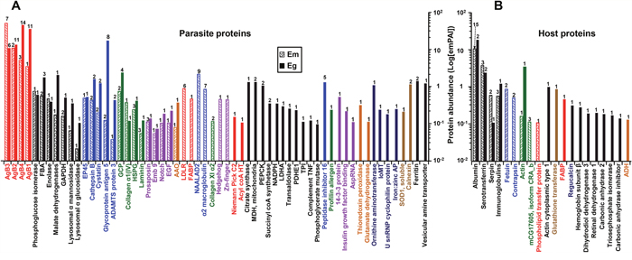 Differential heat map of the E. multilocularis hydatid fluid (EmHF) and E. granulosus HF (EgHF) proteins.