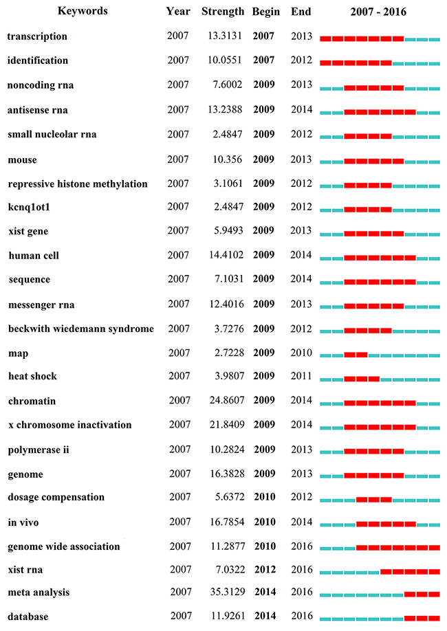 The keywords with the strongest citation bursts of publications on lncRNA research.