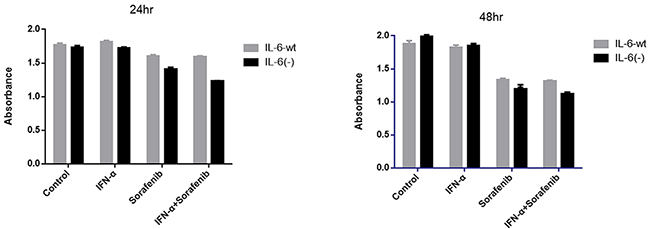 IL-6 knock-out had no effect on cell proliferation but enhanced the anti-proliferation effect by sorafenib and combination therapy.