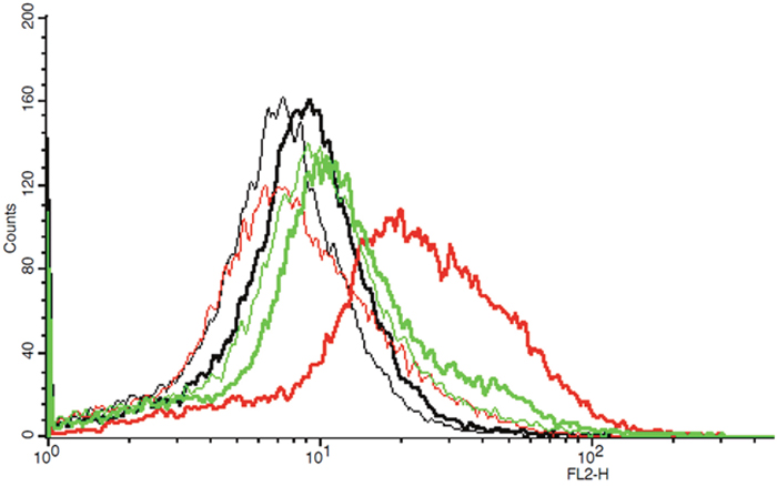 Example of one flow cytometric measurement showing graphs of fluorescence intensity (FL2-H) of IgG isotypic controls and CXCR4 in untreated, methanol-treated and TWEEN20-treated PC-3 cells, respectively (thin graphs: IgG isotypic controls, bold graphs: CXCR4; black: untreated cells, red: methanol-treated cells, green: TWEEN20-treated cells, respectively).