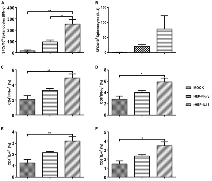 ELISpot analysis of IFN-&gamma; and IL-4 secretion and ICS assays for antigen-specific CD4+ and CD8+ T cell secretion of IFN-&gamma; and IL-4 in splenocytes.