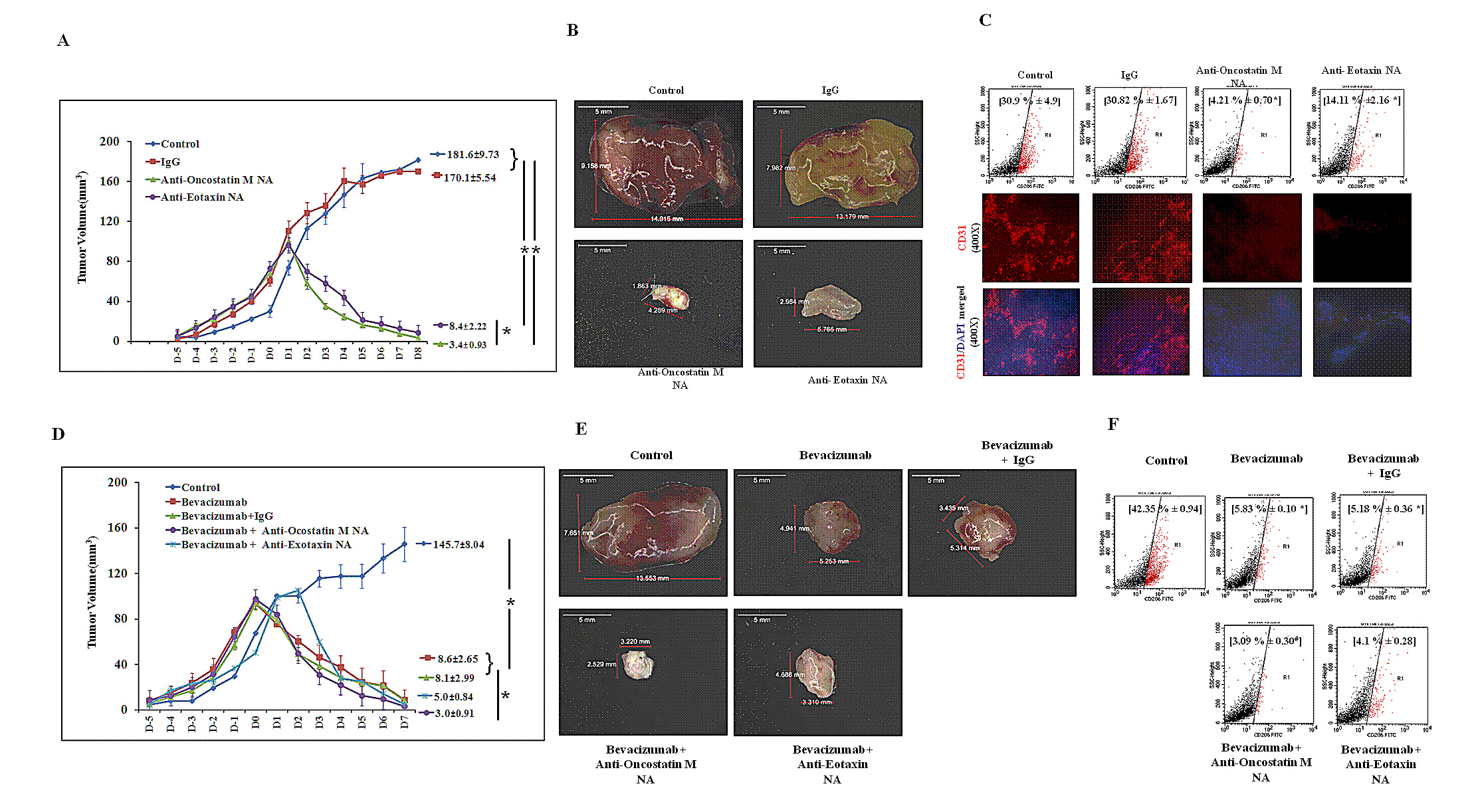 Fig.8: Regression of 4T1 Tumor and Diminished Tumor M2-Macrophage Content Following Neutralizing Antibody Mediated Blockade of Oncostatin M and Eotaxin Function in Syngenic 4T1/BALB/c Mouse Model of Breast Cancer.