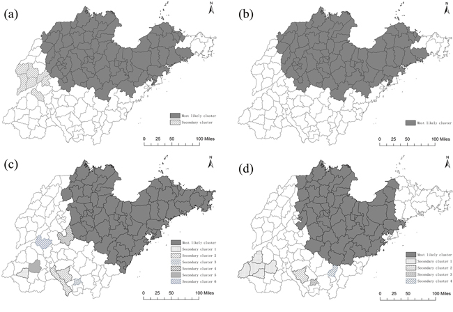 Lung cancer mortality clusters at the county level in Shandong during 1970-1974 and 2011-2013 using spatial scan statistical analysis.