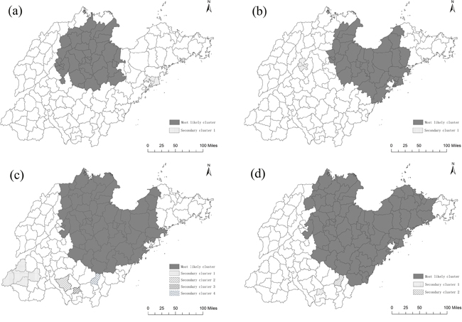 Lung cancer mortality clusters at the county level in Shandong for male and female during 1970-1974 and 2011-2013 using spatial scan statistical analysis.
