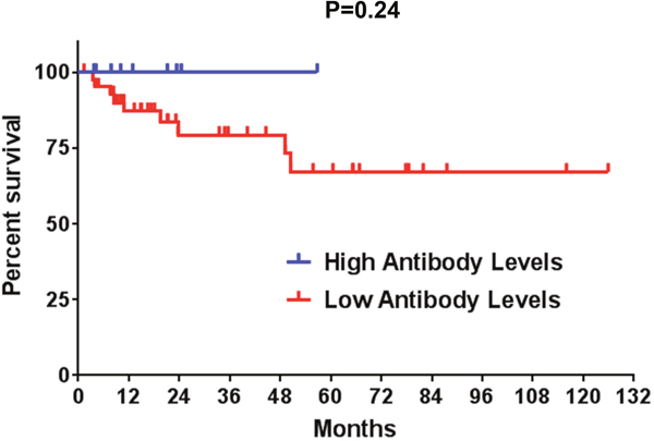 A Kaplan-Meier overall survival analysis is shown for ALK-positive NSCLC patients with high and low anti-ALK antibody levels.