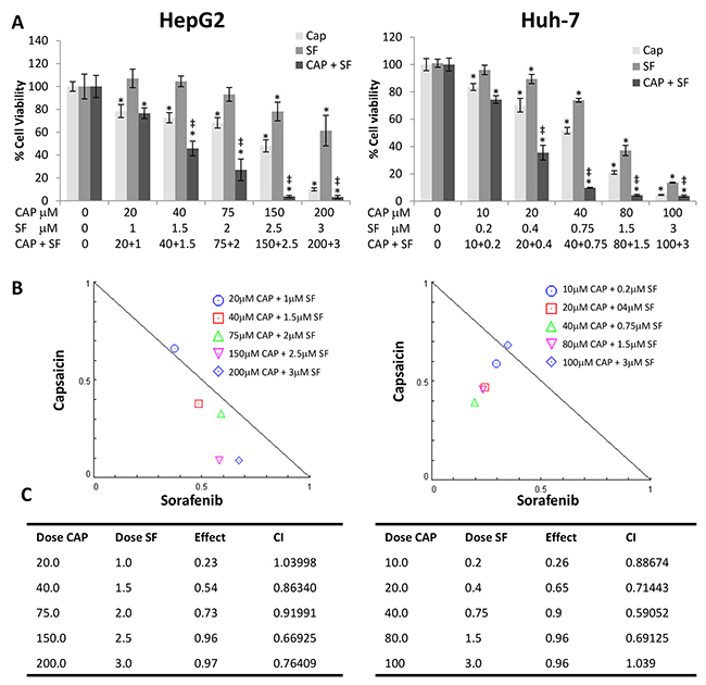 Capsaicin and sorafenib synergistically inhibited hepatocellular carcinoma (HCC) cells viability.