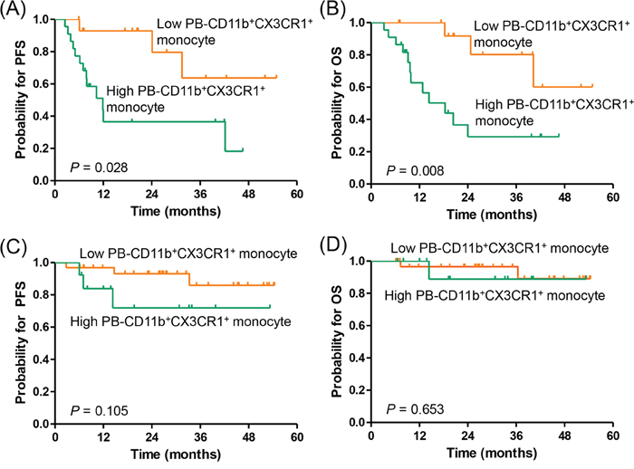 Subgroup analysis for the association of PB-CD11b+CX3CR1+ monocytes with progression-free survival and overall survival based on NCCN-IPI risk.