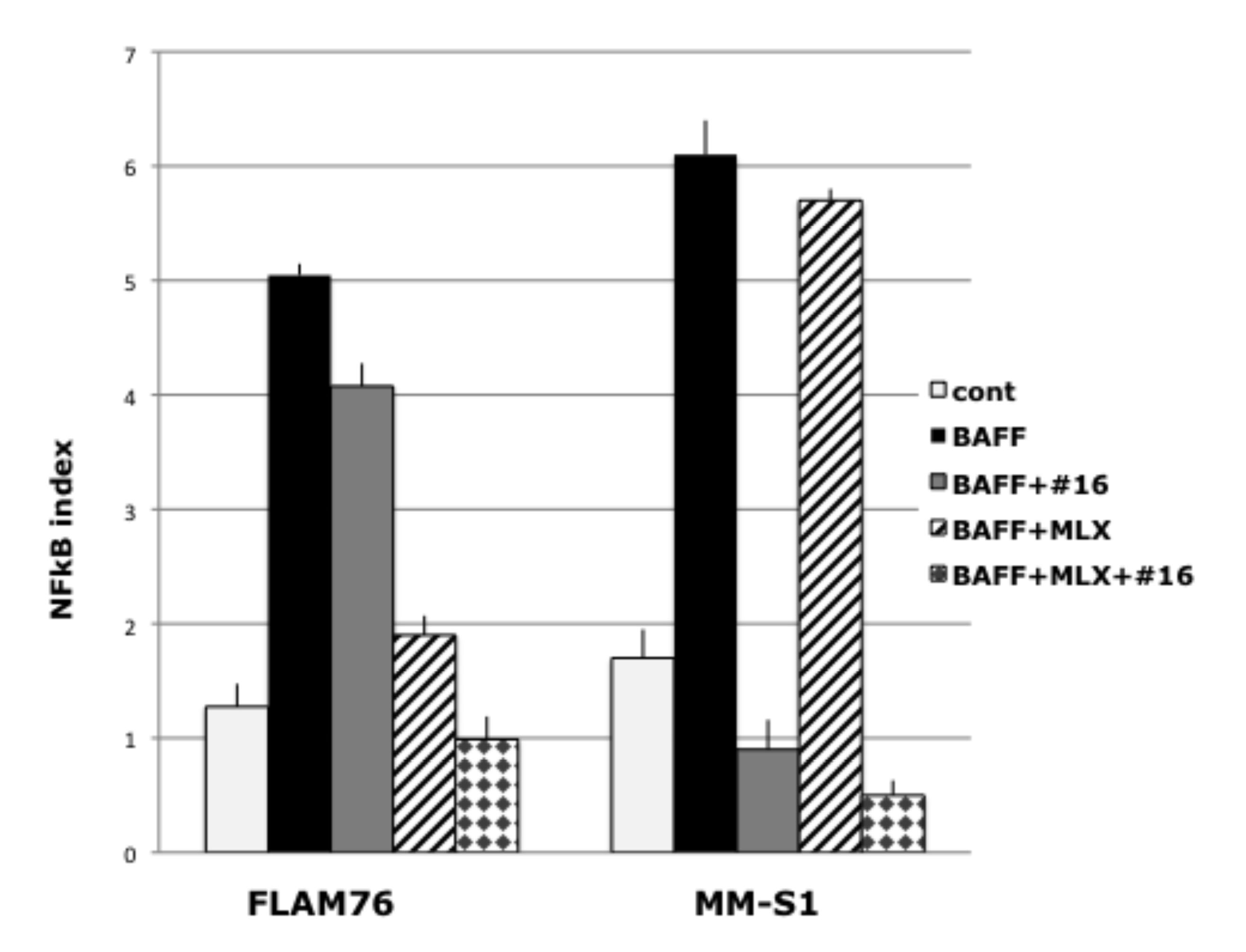 The combination of NIK and IKK&#x3b2; inhibitors can block BAFF induced NFkB activation in myeloma cells.