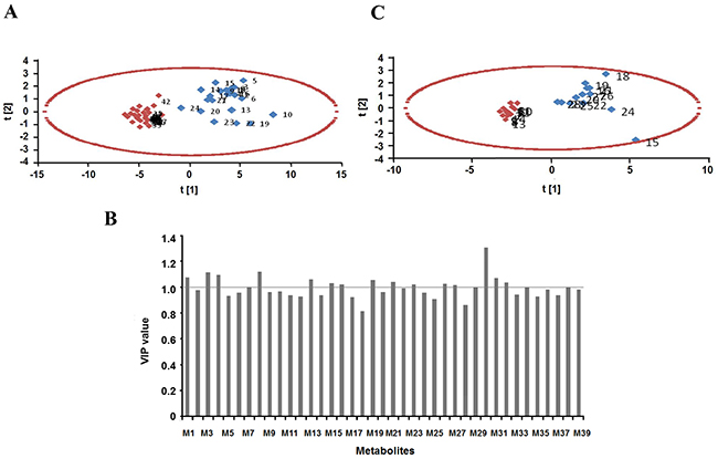 Partial least squares discriminant analysis (PLS-DA) of serum biological metabolites of GC patients and healthy people in ESI&#x002B; mode.